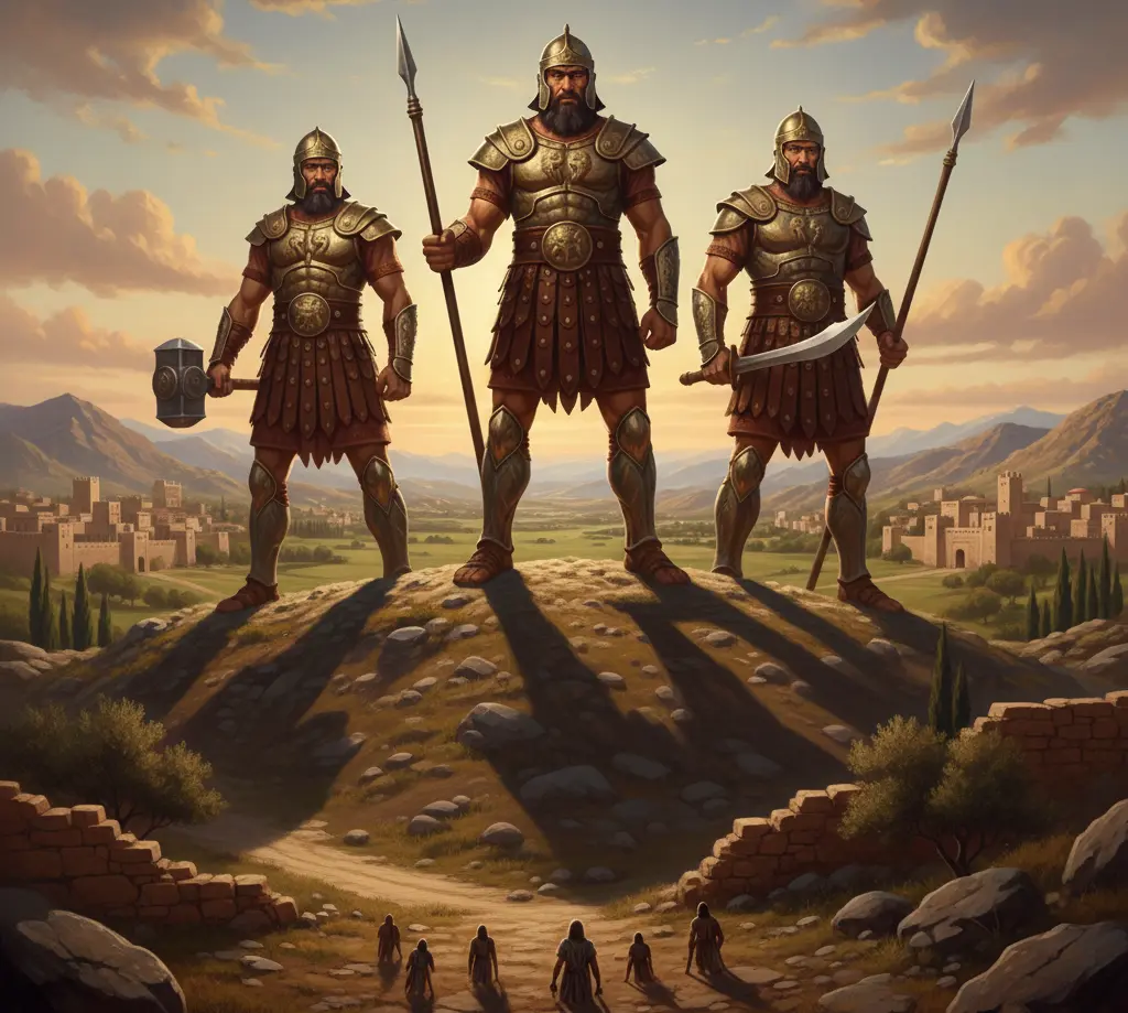 The Anakim giants of ancient Canaan - three massive warriors towering over the landscape, making Israelite spies appear like grasshoppers in comparison