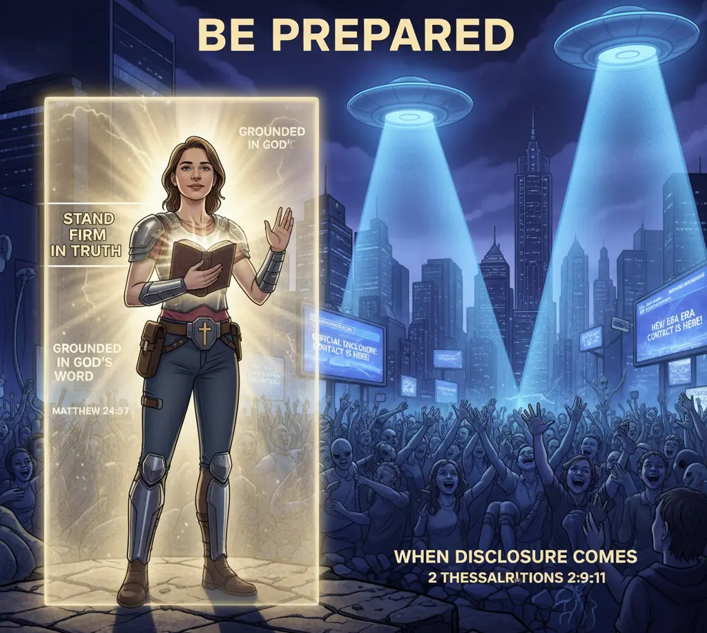 Christian standing firm with Bible in divine light while world embraces UFO disclosure, illustrating spiritual preparation and readiness