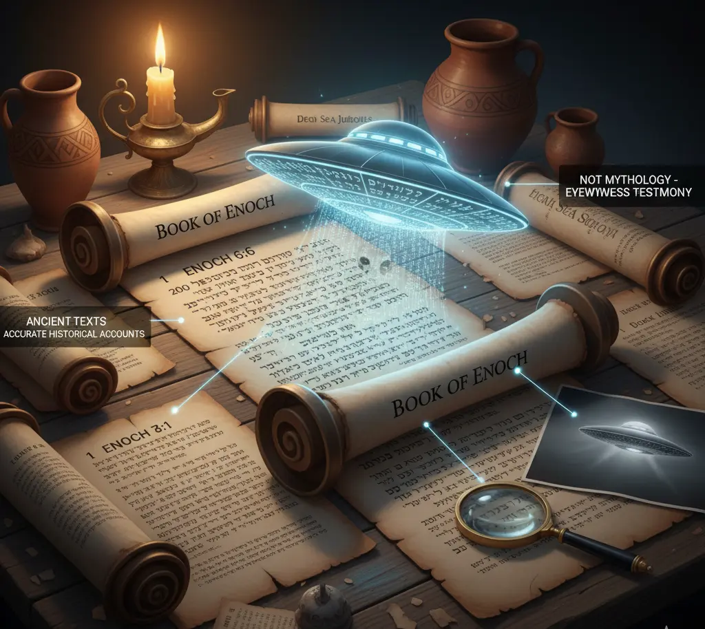 Ancient scrolls including Book of Enoch and Dead Sea Scrolls with Hebrew text visible, ethereal UFO craft hovering over documents, showing ancient texts as accurate historical accounts