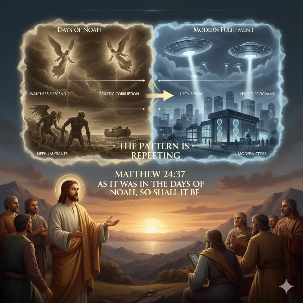 Jesus teaching disciples with prophetic vision showing Noah's day and modern times parallel, illustrating Matthew 24:37 prophecy