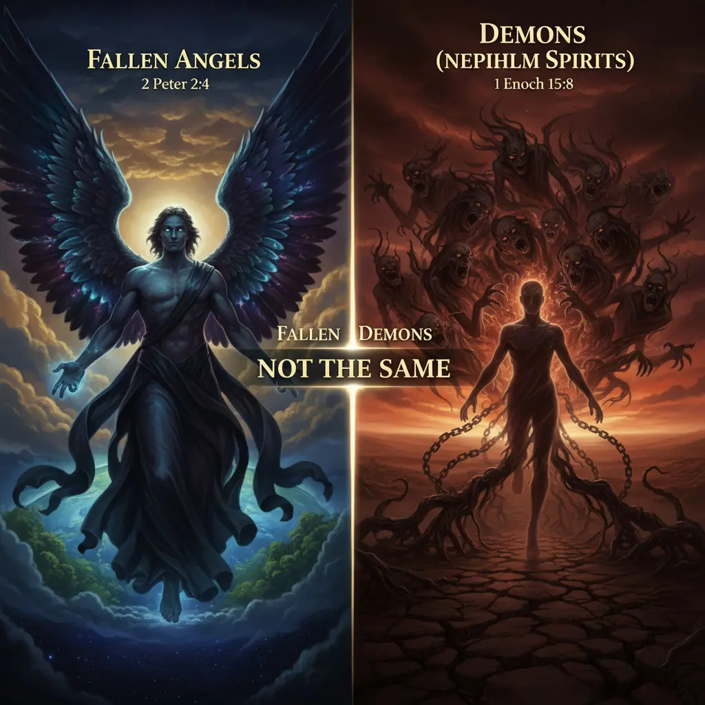 Split comparison showing powerful fallen angel with dark wings standing among clouds versus earth-bound demon spirits in chains desperately reaching for bodies, with text NOT THE SAME emphasizing the critical biblical distinction between fallen angels and demons as Nephilim spirits