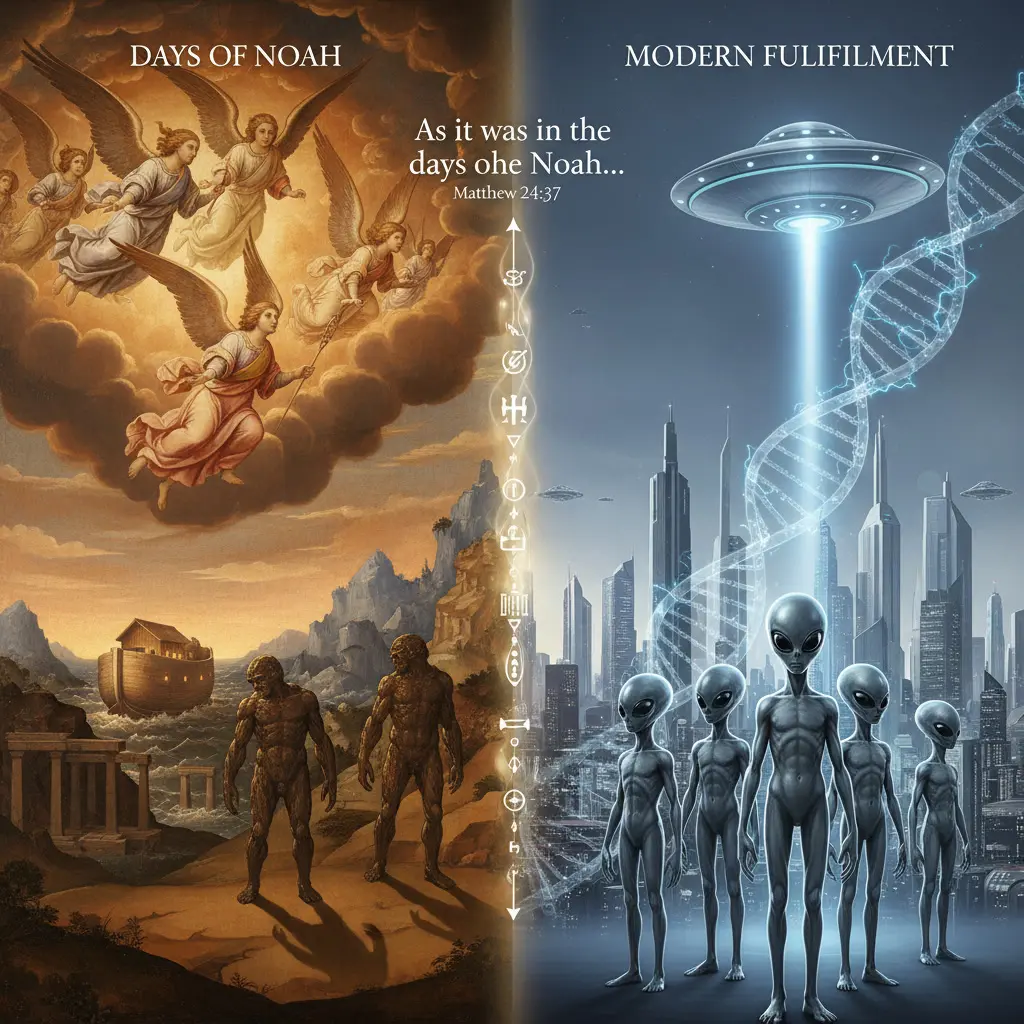 Split composition showing Days of Noah with descending Watchers and Nephilim giants on left, modern UFO phenomena with grey aliens and DNA manipulation on right, illustrating Matthew 24:37 prophetic fulfillment