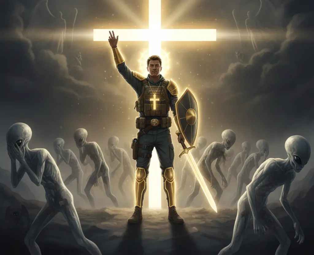 Contemporary Christian warrior in spiritual armor standing before glowing cross with defeated grey alien entities retreating, illustrating biblical authority in spiritual warfare