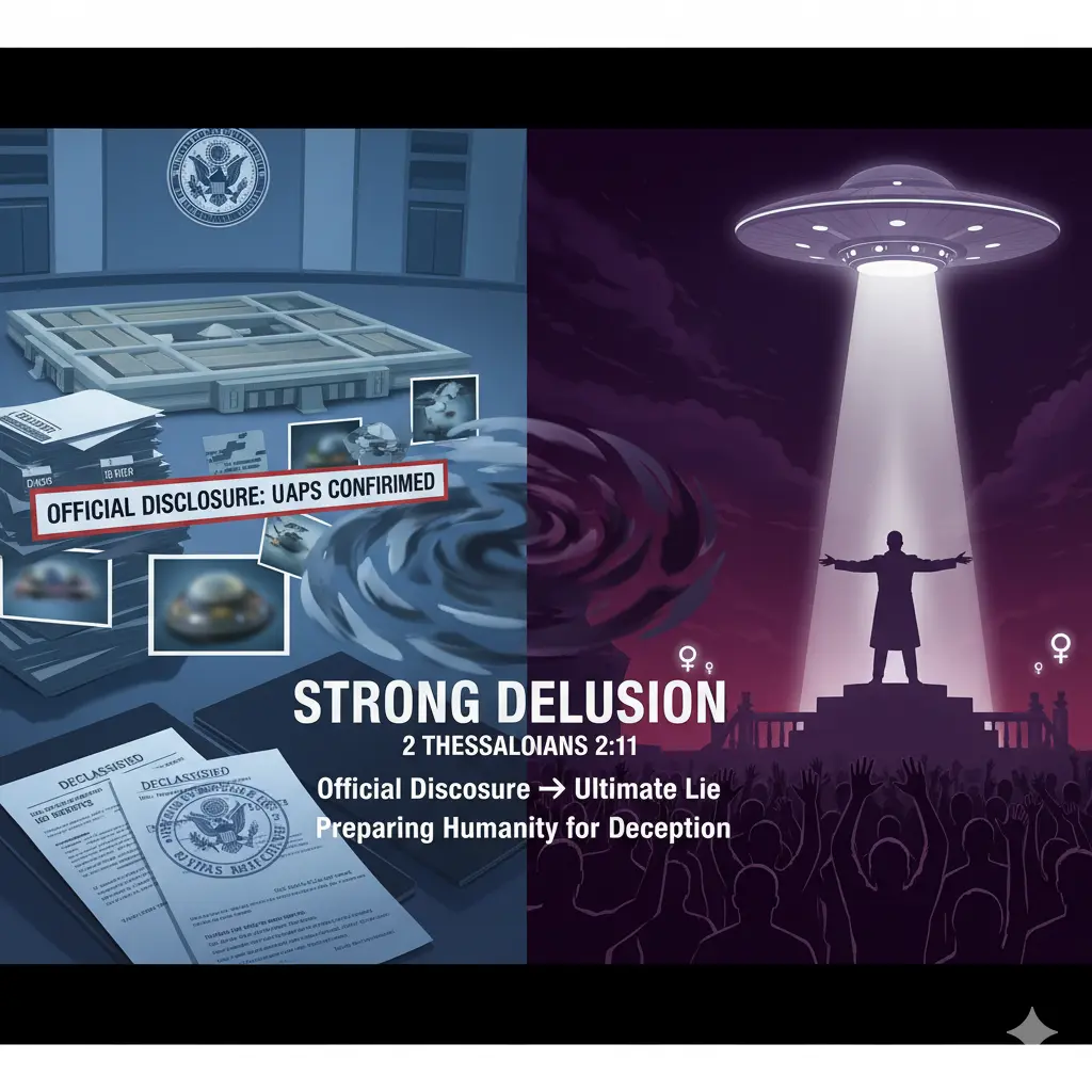 Split composition showing government UFO disclosure documents leading to authority figure before UFO with worshiping crowd, illustrating 2 Thessalonians 2:11 strong delusion prophecy