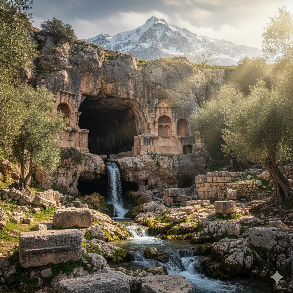 Ancient cave entrance at Caesarea Philippi, the Gates of Hades, with Mount Hermon in the background where Jesus proclaimed victory over death
