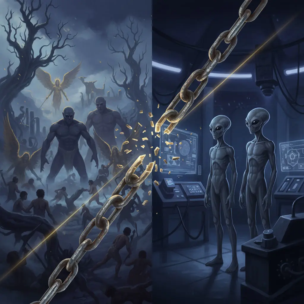 Split composition showing Genesis 6 Watchers and Nephilim giants on left in biblical setting, broken golden chain in center symbolizing bound angels, and modern grey aliens in laboratory on right, illustrating the hybrid integration theory