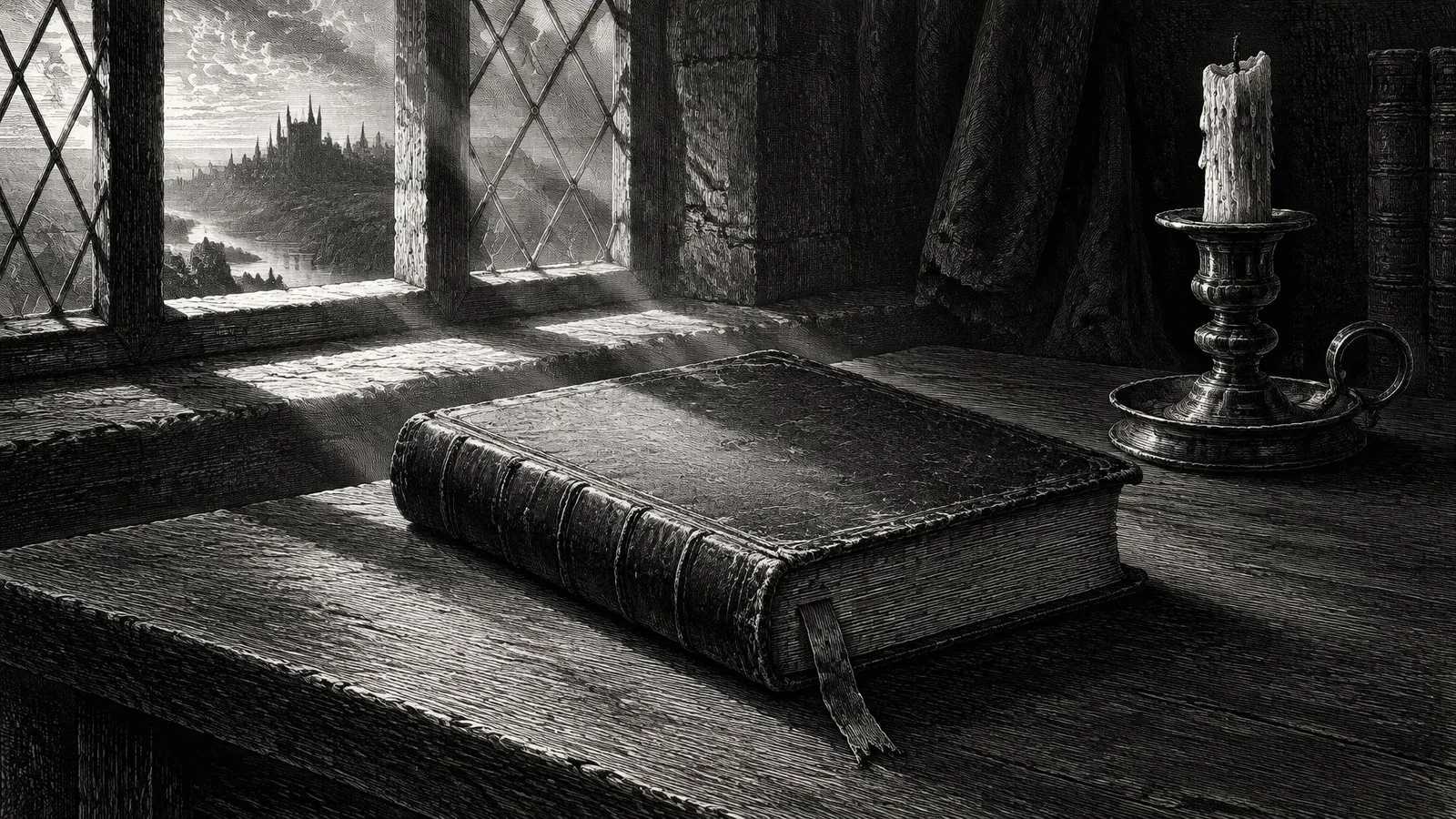 A closed, worn leather Bible with a ribbon bookmark lying on a wooden desk beside a window, with a candle holder nearby, drawn as a black-and-white engraving