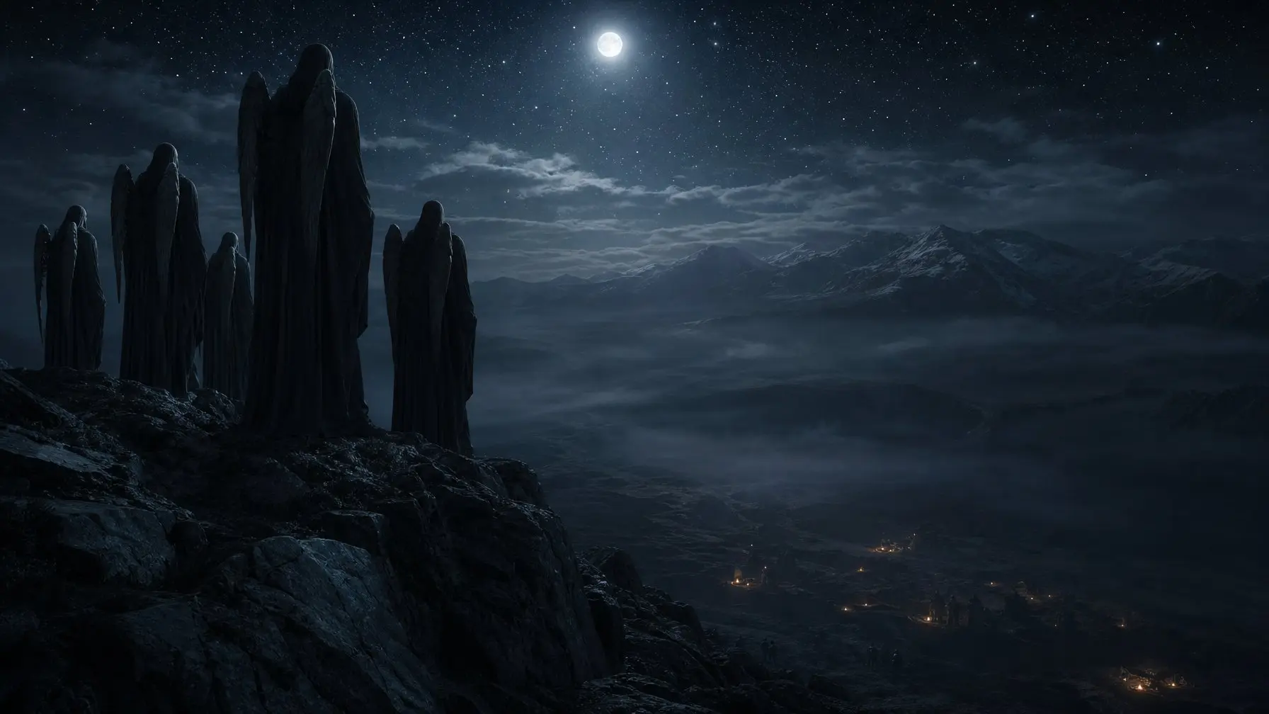 Silhouettes of tall, robed angelic figures standing atop a mountain ridge at night, looking down over a distant valley lit by scattered firelight, evoking the Watchers' descent described in Genesis and the Book of Enoch