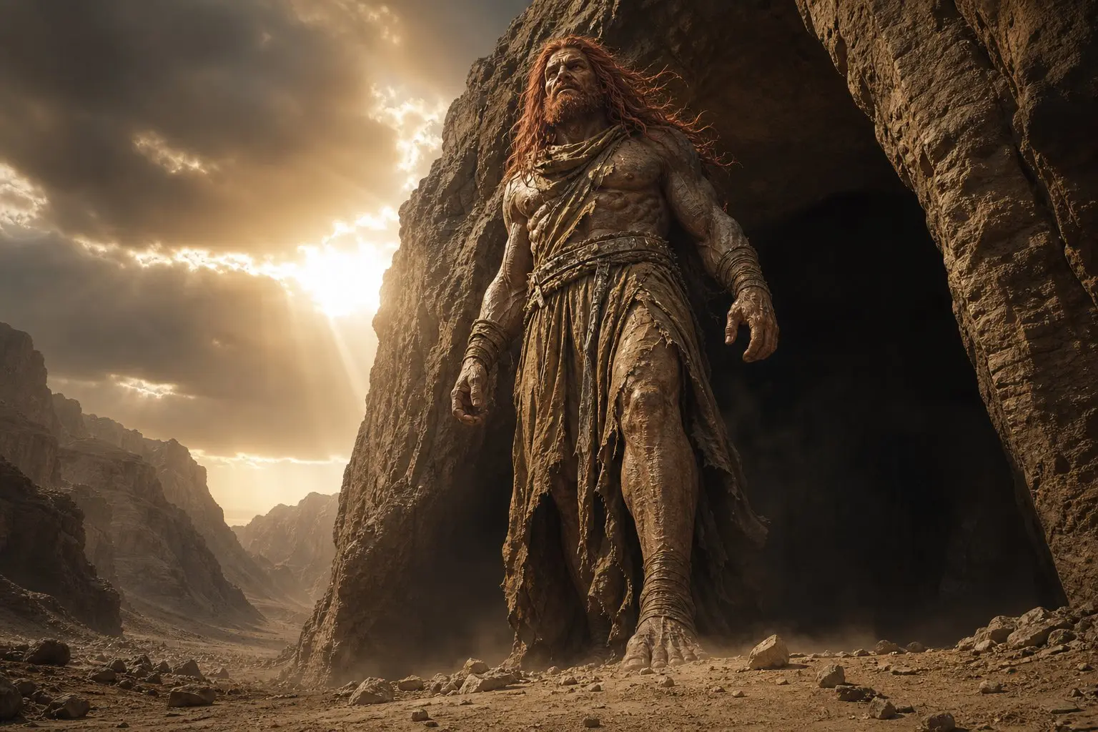 A massive red-haired giant emerging from a cave entrance in the desert mountains, representing the Nephilim descendants described in Scripture and cross-cultural accounts