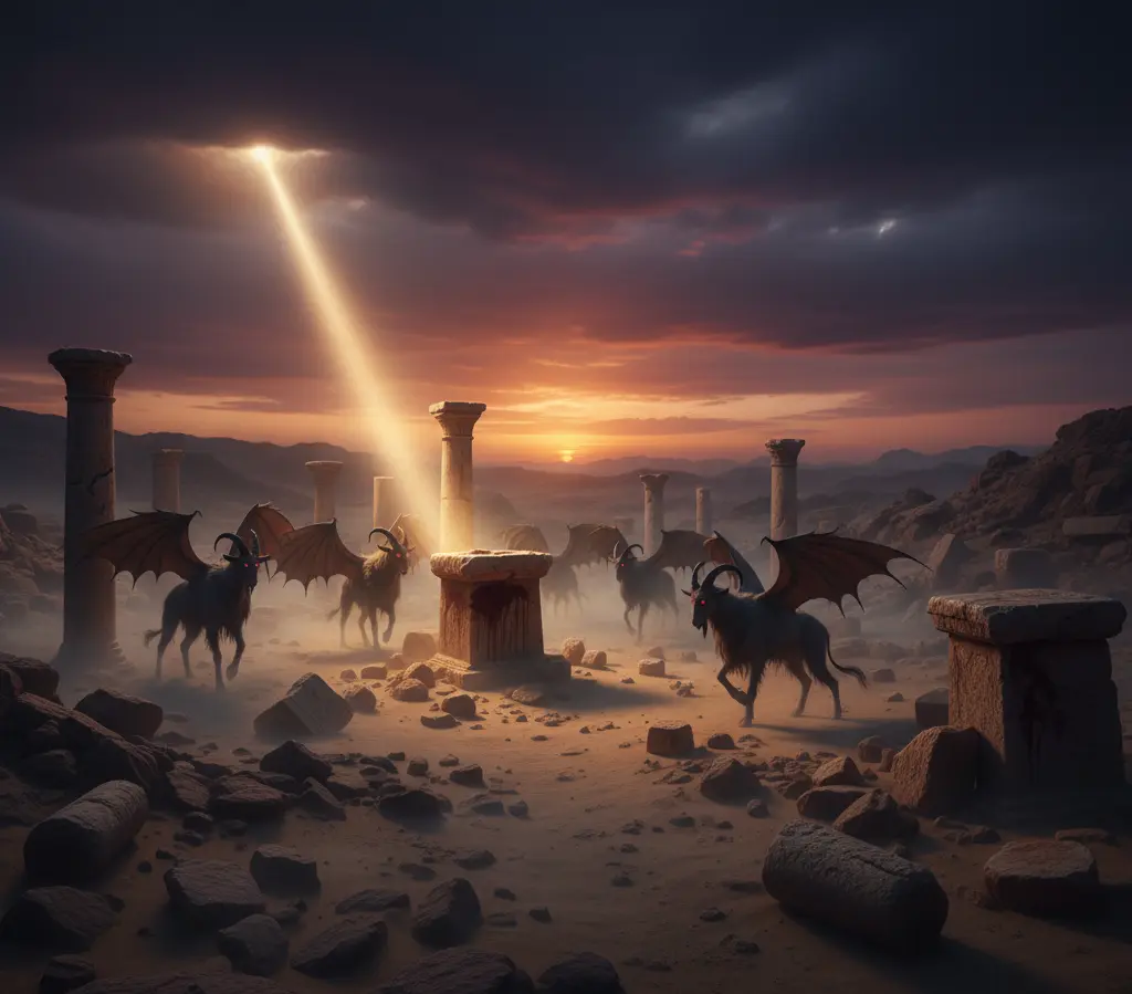 Biblical se'irim demons inhabiting desolate wilderness places, spiritual entities dwelling in abandoned ruins as described in Scripture