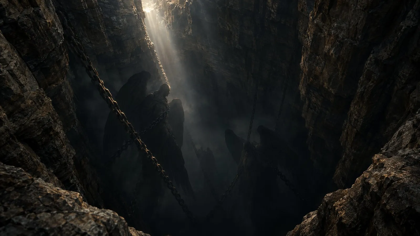 A dark chasm descending beneath layered rock, with faint chained winged figures far below and a single shaft of light from above, evoking the angels held in Tartarus in 2 Peter 2:4