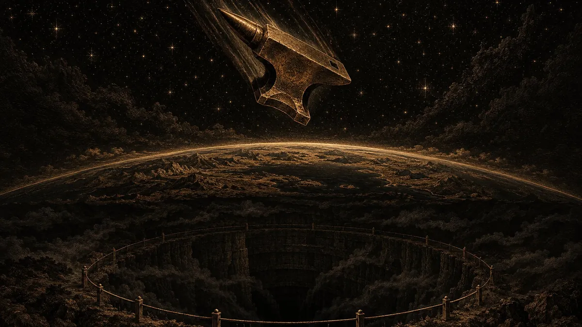 Illustration of Hesiod's image of a bronze anvil falling nine days from heaven to earth and nine more to Tartarus