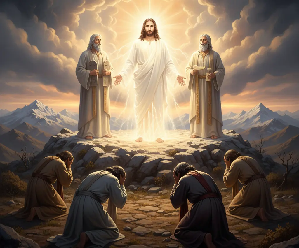 The Transfiguration of Jesus Christ on Mount Hermon - Jesus's face shining like the sun, with Moses and Elijah appearing in glorious splendor, as a bright cloud covers them